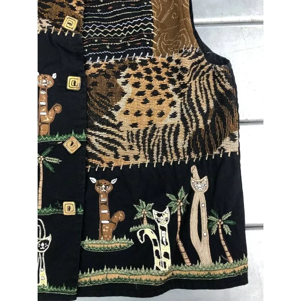 Life Style Vest Womens Small Black Button Up Animal Print Safari Cats Embroidery